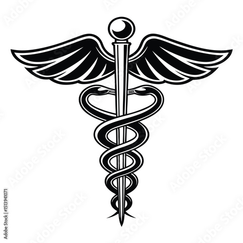 Monochrome Caduceus Symbol Illustrating Medicine and Healthcare with Two Snakes Coiled Around a Staff and Wings Isolated on White Background