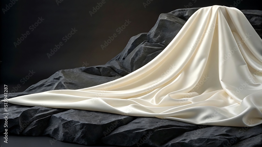 Elegant white silk fabric draped over textured dark stone surface with dramatic lighting Elegant white silk fabric draped over textured dark stone surface with dramatic lighting