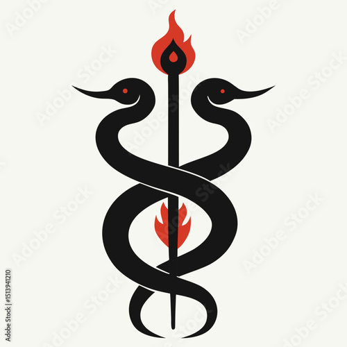 Stylized Two Headed Snake Symbol with a Central Staff and Flames Depicting a Modern Interpretation of the Caduceus Emblem