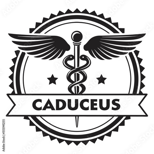 Black and White Caduceus Emblem with Wings and Stars Featuring a Ribbon Banner with the Word CADUCEUS in Bold Letters