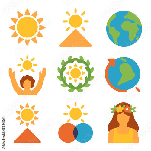 June solstice icons featuring nine sun globe and people illustrations, ideal for summerthemed designs and seasonal celebrations marketing materials.