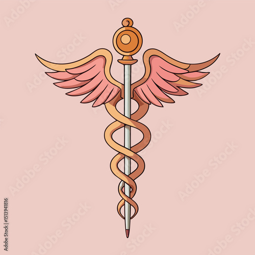 Stylized Caduceus Illustration with Peach Tones Featuring Wings and a Central Staff Set Against a Soft Pink Background for a Modern Aesthetic