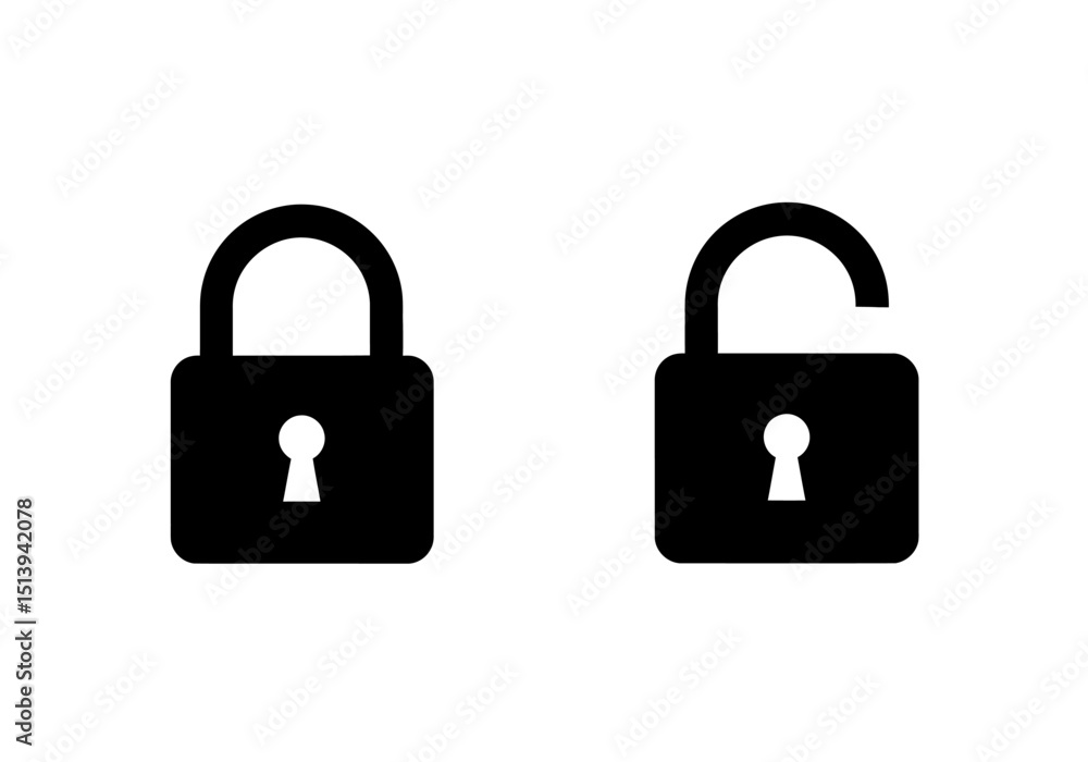 Locked and Unlocked Padlock Icons Black Silhouette Vector Graphics Locked and Unlocked Padlock Icons Black Silhouette Vector Graphics