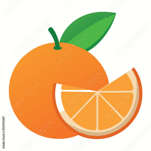 Vector illustration of a whole orange fruit with green leaf isolated on white background
