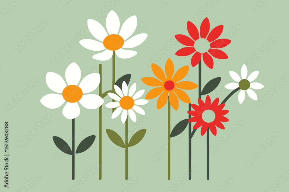 Naklejka premium Colorful Daisy Flower Vector Graphic- Illustration of White, Red, and Orange Flowers on Light Green Background- Cheerful Spring and Summer Floral Design