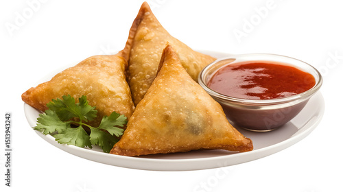Fried Samosas with Red Chutney and Cilantro on a White Plate