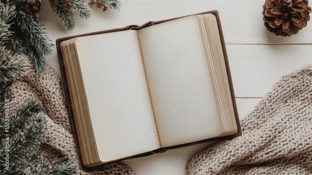 Fototapeta premium Creating a cozy reading space with an open book winter decor lifestyle indoor top-down view relaxation concept