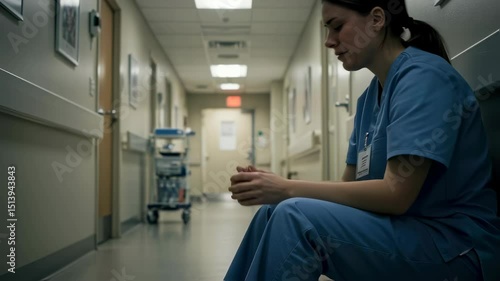Exhausted nurse contemplating in hospital corridor during night shift