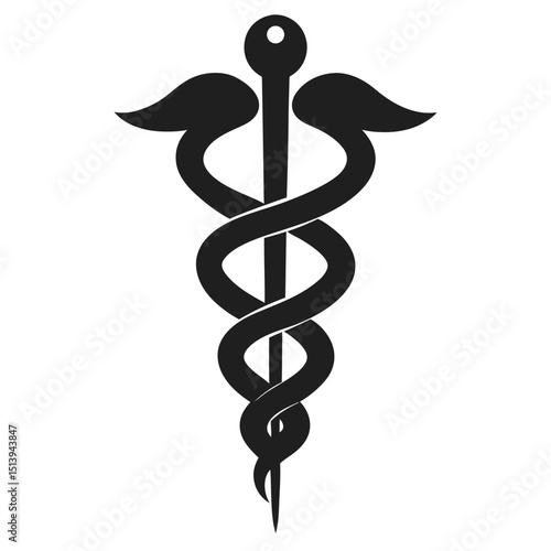 Black and White Caduceus Symbol Representing Medicine and Healing with a Staff Wings and Intertwined Snakes on a Plain Background