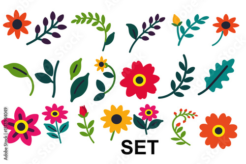 Colorful Flower and Foliage Vector Illustration- Vibrant Floral Design with Leaves and Blossoms- Perfect for Spring and Summer Projects- Botanical Clipart Set