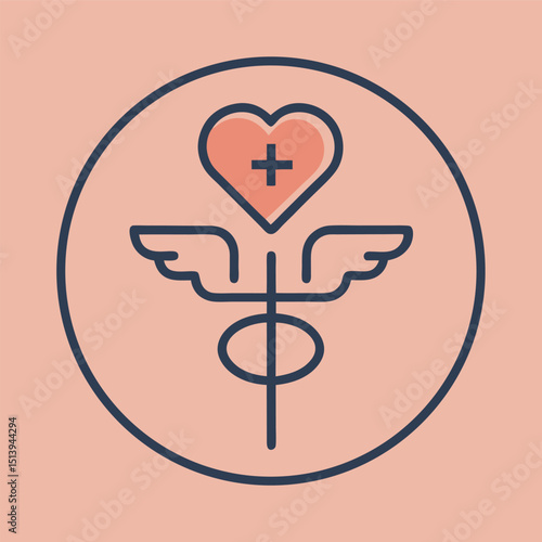 Medical Symbol with Heart and Wings in a Circle Representing Health Wellness and Care on a Salmon Background Color