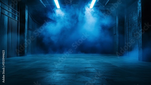 Dark blue smoky industrial interior with fluorescent lights.