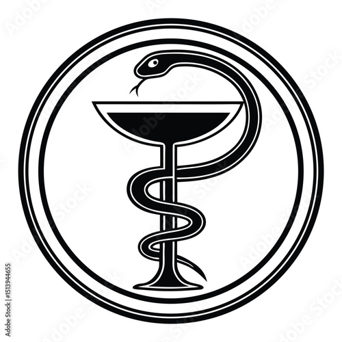 Monochrome Graphic of the Bowl of Hygieia Symbol Representing Pharmacy and Medicine Encased Within a Double Lined Circle on a White Background