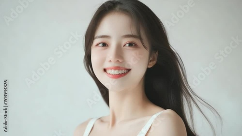 Radiant smile of a beautiful asian woman with elegant long hair, a serene and inviting expression