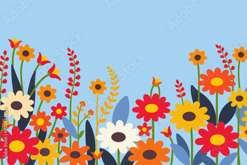 Colorful Spring Flower Illustration with a Light Blue Background - Cheerful Floral Art for Greetings and Invitations - Brighten Your Day with this Flower Power Design