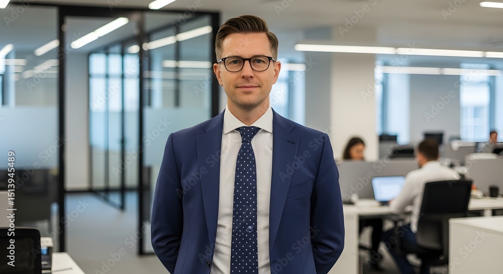 A confident businessman in a blue suit and glasses stands in a modern office setting, projecting an image of professionalism and success. A confident businessman in a blue suit and glasses stands in a modern office setting, projecting an image of professionalism and success.