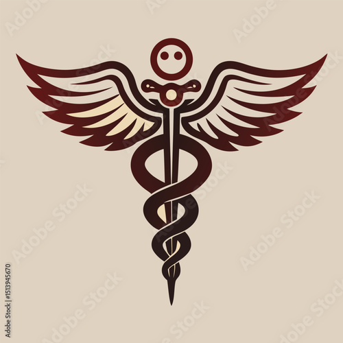 Stylized Caduceus Symbol in Maroon and Beige Featuring Two Snakes Coiled Around a Staff with Wings and a Circular Top Element
