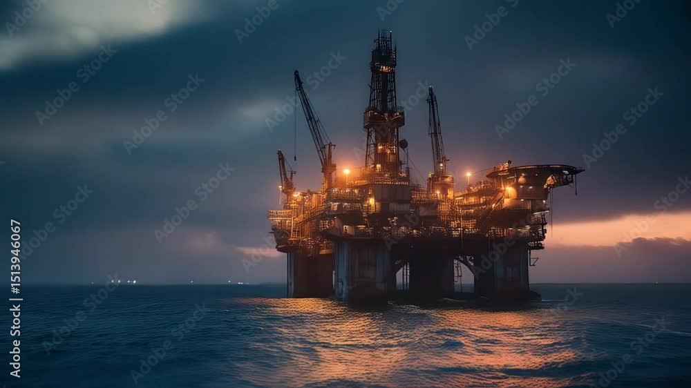 Illuminated oil rig platform at sea under a cloudy sky during twilight and sunset with calm water view Illuminated oil rig platform at sea under a cloudy sky during twilight and sunset with calm water view
