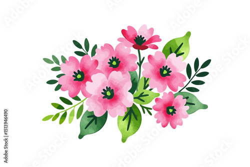 Watercolor Pink Flower Bouquet Illustration - Delicate Floral Arrangement with Green Leaves - Perfect for Spring and Summer Designs and Invitations