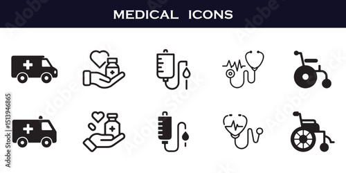 Download vector style medical icons including ambulance, stethoscope, wheelchair, IV bag, and monitor