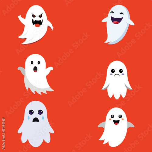 Expressive Cartoon Ghosts on Orange Background
