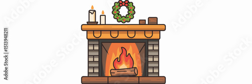 Vector icon sheet of decorated fireplace with mantle and hearth – Perfect for holiday branding, seasonal content, or home interior visuals