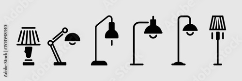 Vector lamp icon sheet with torchiere, desk, floor, and hanging lamps