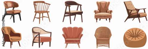 Vector icon set of unique chair designs with different backrests and materials