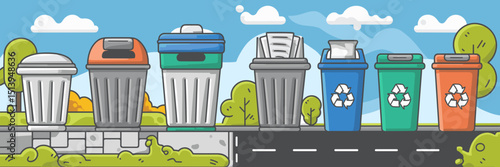 Trash cans and recycling bins in cityscape vector icon sheet