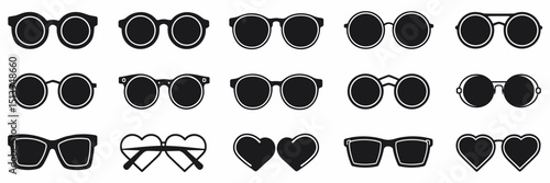 Vector icon sheet of black sunglasses silhouettes – Ideal for minimalist design packs, fashion labels, or summer graphics