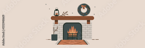 Vector illustration of warm fireplace with wooden mantel and soft beige wall – Great for seasonal branding, home design tools, or cozy lifestyle content