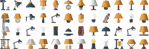 Icon collection of various table, floor, and desk lamps
