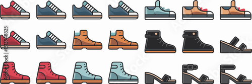 Colorful vector shoe icons including sneakers and boots – Suitable for style guides, ecommerce platforms, or fashion lookbooks