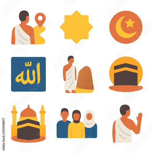 Hajj pilgrimage logo with Islamic icons. Suitable for religious services, event posters, cultural presentations, and educational materials.