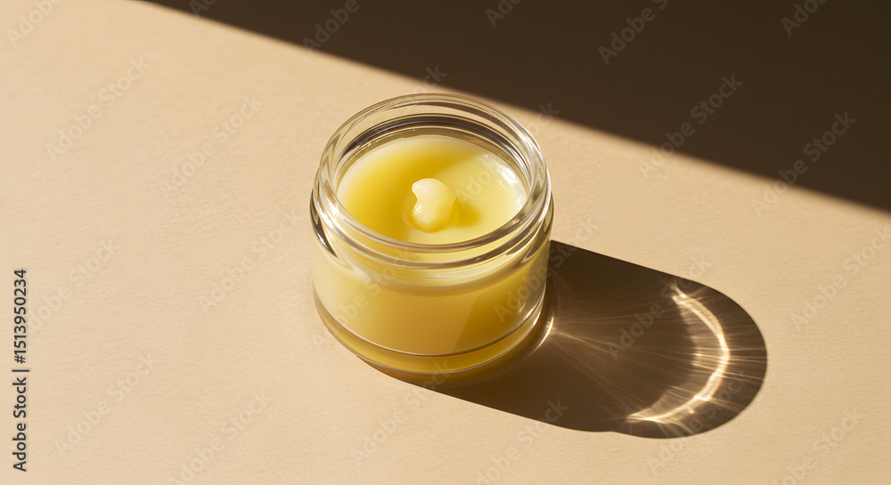 Melting balm texture flowing from open container, side top view v1 Melting balm texture flowing from open container, side top view v1