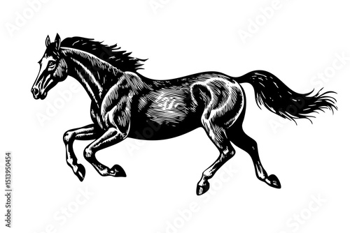 Realistic Engraved Horse Illustration Detailed Black and White Drawing