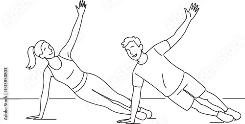 Couple doing side plank exercise at gym line art