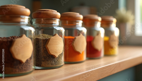Fototapeta Naklejka Na Ścianę i Meble -  Set of personalized spice jars with engraved labels. Kitchen-themed gift idea for home decor. Variety of colorful spices in glass bottles with wooden lids, stand on wooden table. Food preparation.
