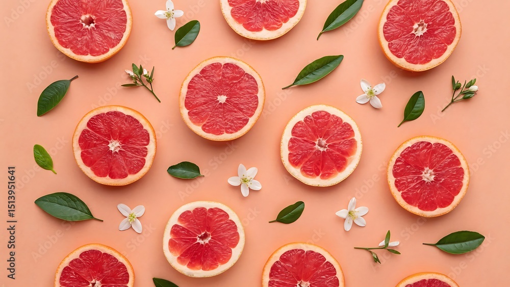 Freshly sliced grapefruit arrangement with green leaves and white flowers on peach colored background Freshly sliced grapefruit arrangement with green leaves and white flowers on peach colored background