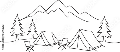 Camping scene with tents and chairs in forest line drawing