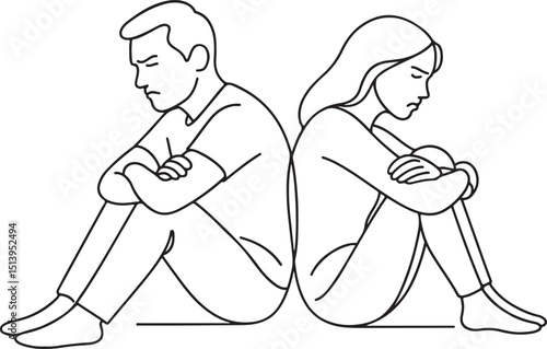 Back to back couple sitting angry and sad line art