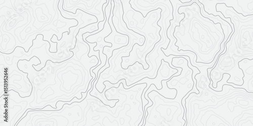 "Abstract Topographic map design with grey lines seamless pattern on white background. Geographic contour map paper texture. Retro topographic map, geographic mountain relief. Vector. Illustration"