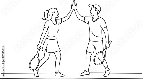 Couple playing tennis and giving high five line art