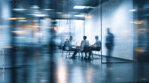 Blurred office interior with people in a meeting behind glass walls.