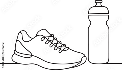 Sport sneakers and water bottle line illustration