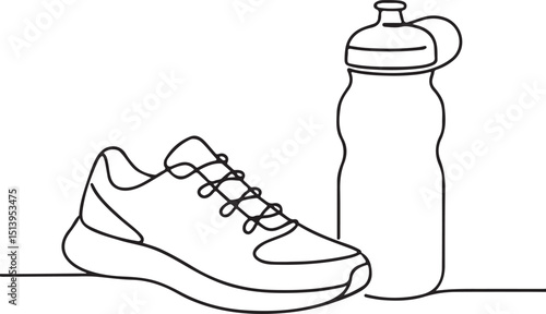 Gym sneakers and bottle in single line style