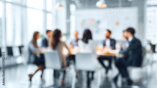 Blurred image of business people in a meeting around a table in office.