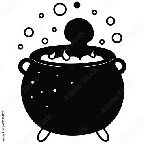 Silhouette illustration of a witch's cauldron bubbling with magic spells and mystical potion