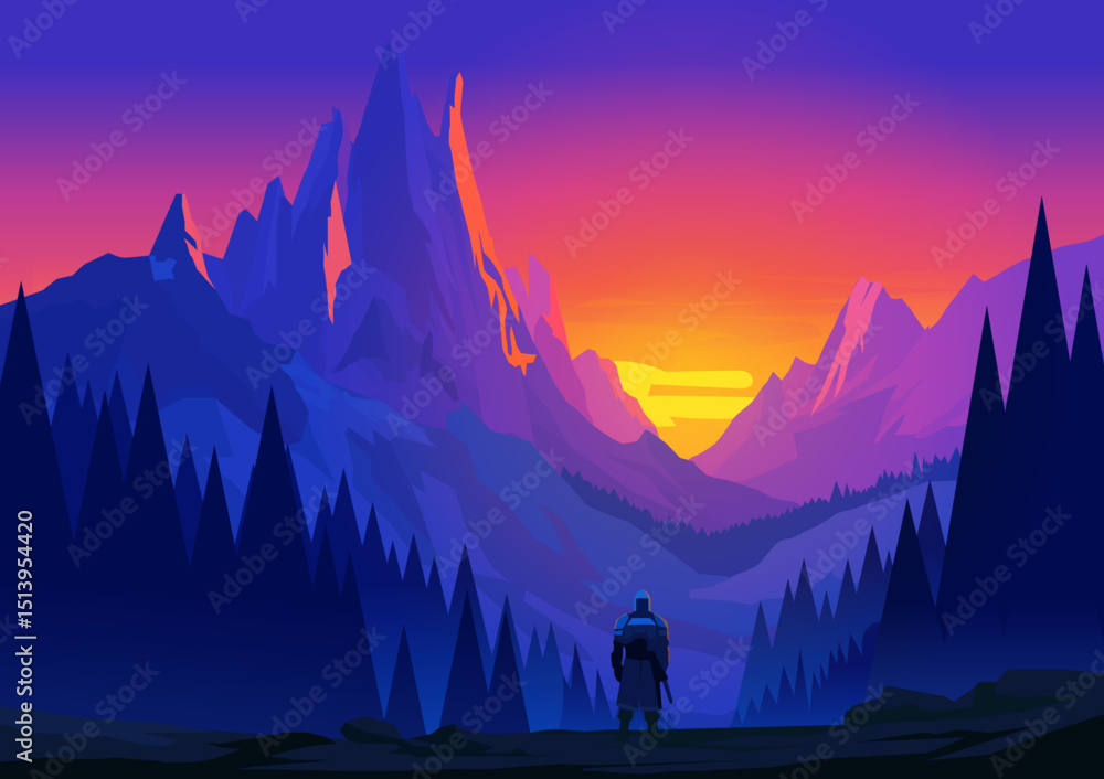 Fototapeta premium Warrior Standing in Majestic Mountain Landscape at Sunset