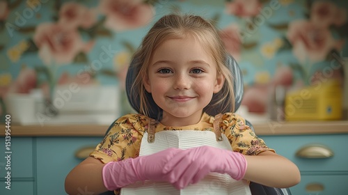 Cheerful child at the dentist: smiling girl with pink gloves in a floral clinic setting
